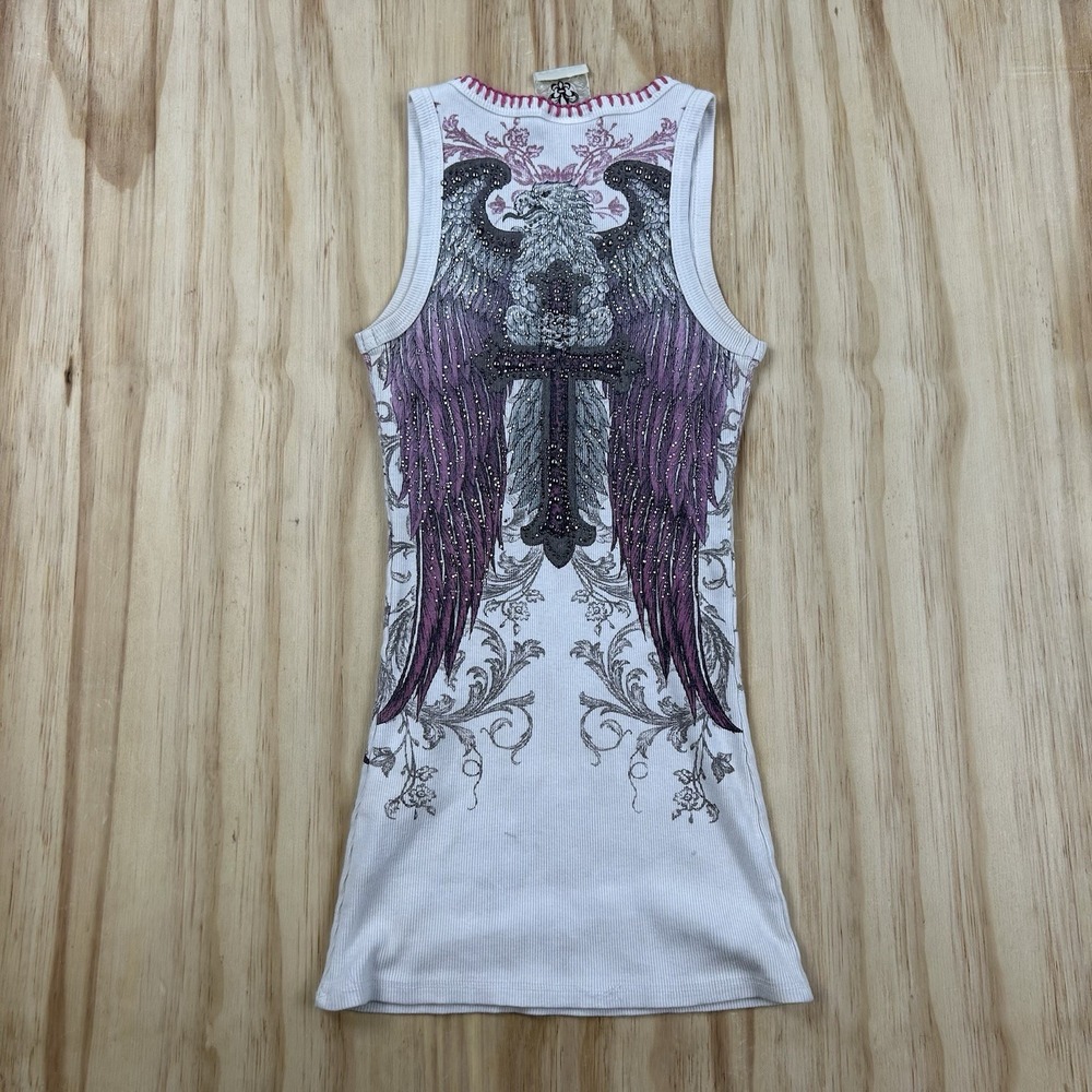 Vocal USA Women's Fitted White Bling Bedazzled Wings Tank Top Affliction Style S - Picture 2 of 10